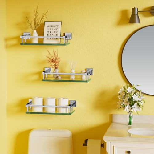 Alise Bathroom Glass Shelf with Stainless Steel Railing, Polished Chrome Small Tempered Glass Floating Wall Shelf Over The Toilet, 16 inch - color: Polished Chrome, size: 16 Inch