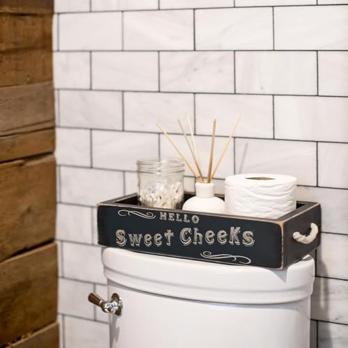MAINEVENT Hello Sweet Cheeks Bathroom Decor Box, One Box with Design on 2 Sides Farmhouse Bathroom Decor Toilet Organizer - color: Black