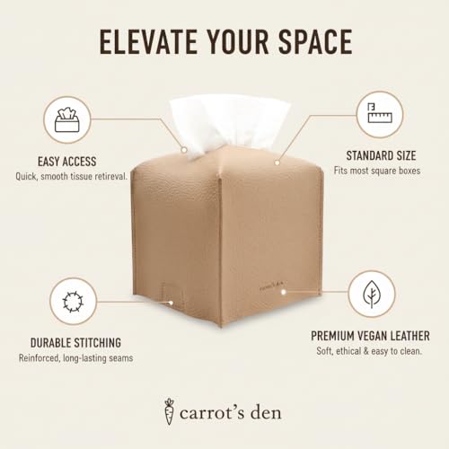 Tissue Box Cover Holder, Square with Bottom Belt by Carrot's Den - PU Leather Decorative Organizer for Tabletop, Bathroom, Car, Office | Beige - color: Beige