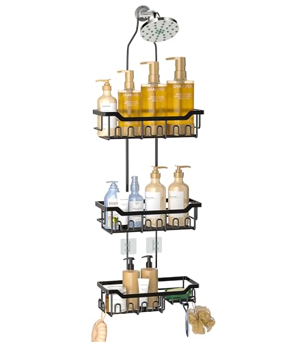 Adjustable Shower Caddy Hanging, Extended Length Organizer Over Shower Head, 3 Tier Long Neck Shower Rack with Soap Holder for Large Storage, Black - color: Black - 3 Tier - Standard