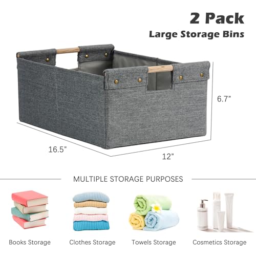 2PCS Storage Bins Cotton Linen Fabric Storage Boxes Basket with Wooden Handles Foldable Washable Decorative Shelf Container Clothes Organizer Home Laundry - Large Size, Gray - color: Gray, size: Large (Pack of 2)