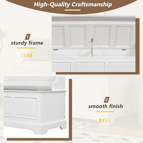 Knocbel Rustic Entry Storage Bench with Hidden Compartments and Removable Cushion, Wooden Entryway Hallway Foyer Shoe Bench Bedroom End of Bed Bench (White) - color: White