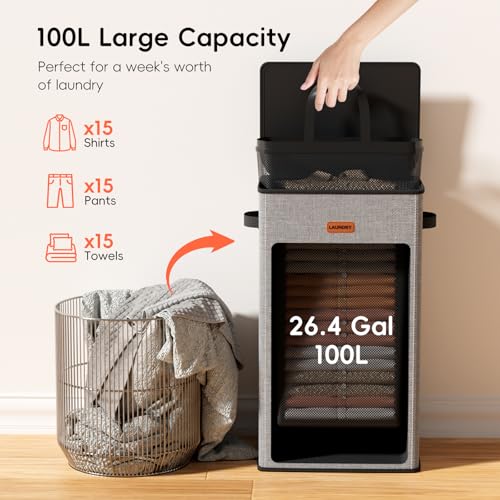 100L Laundry Hamper with Lid, Large Clothes Hampers with Removable Bag, Collapsible Laundry Basket for Bathroom, Bedroom, Laundry Room, Dorm, Grey - color: Grey, size: 100L - 1 Section
