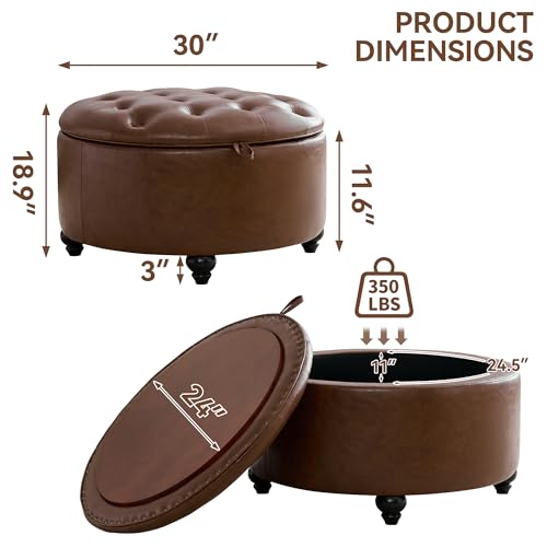 WUTUTUEE 30Inch Round Storage Ottoman with Tray, Modern Tufted Leather Circle Coffee Table with Storage, Upholstered Ottoman with Removable Top for Living Room, Bedroom, Leather Coffee - color: Leather Coffee, size: 30 Inch