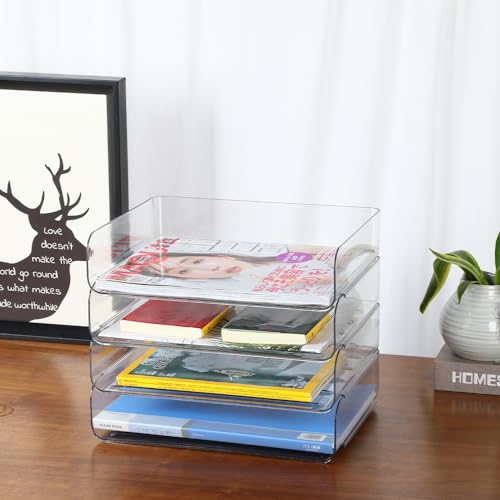 4 Tier Stackable A4 Paper Trays, Office Desk File Holder, Tidy File Document Letter Book Paper Organizer (4 Tiers,Clear) - color: Clear, size: 4 tiers