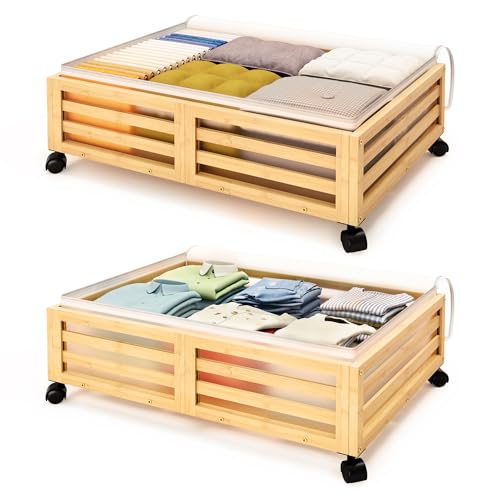 Under Bed Storage with Wheels-Large Bamboo Underbed storage Containers with Large Dust Bag Stackable Under the Bed Shoe Storage Bins for Clothes Books Bedding (2 Packs Nature, 23.62"L×16.54"W× 6.51"H) - color: 2 Packs Nature, size: 23.62"L×16.54"W× 6.5"H