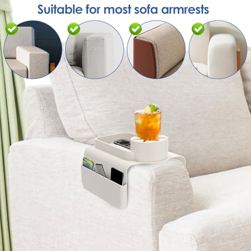 Sofa Armrest Organizer Tray with Cup Holder and Side Pockets, Non-Slip Silicone Caddy for Drinks Remote Control Phone Snacks, Living Room Couch Arm Storage(White) - color: White
