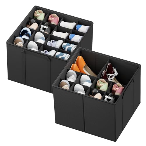 SpaceAid Shoe Organizer for Closet, 2 Pack Foldable Shoe Storage Containers Baskets Boxes Bins w/Adjustable Dividers, Fits 16-32 Pairs, Black - color: Black