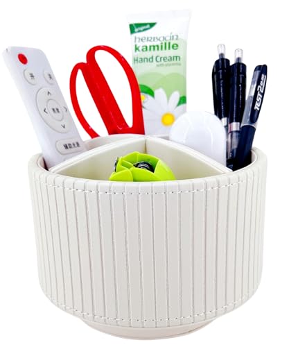 PU Leather Round TV Remote Control Holder for Table,360° Swivel Office Supply Desktop Organizer,4 Compartments Phone/Pen/Pencil Holder,Suitable for Stationery/Heater Controllers Etc - color: White stripe