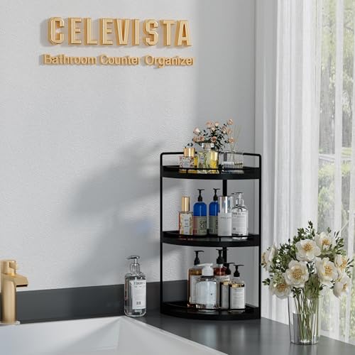 Corner Bathroom Counter Organizer, 3 Tier Bathroom Sink Shelf Countertop, Wood Vanity Skincare Storage for Toiletries Decor, Makeup, Dresser(Black) - color: Black
