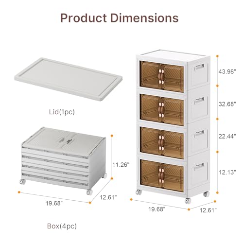 UAMFURI Stackable Storage Bins with Lids, 192QT Closet Organizers, Lockable Storage Cabinet，Foldable Storage Box with Doors and Wheels, Plastic Drawers for Home, Garage, Office (4, White, Medium) - color: White, size: Medium