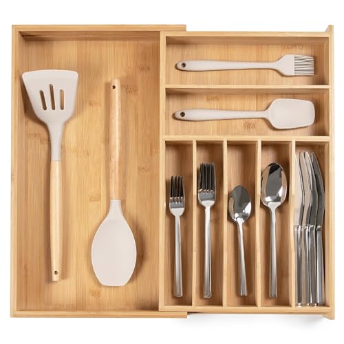 KitchenEdge Premium Silverware, Flatware and Utensil Organizer for Kitchen Drawers, Food-Safe Contract Grade, Expandable from 10.5 to 19 In, Natural Bamboo - color: Natural Bamboo, size: From 10.5" to 19" wide