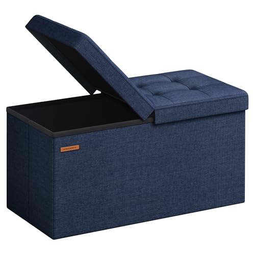SONGMICS Mazie Collection - 30 Inches Storage Ottoman, Foldable Storage Bench with Flipping Lid, 660 lb Load Capacity, for Entryway, Living Room, Bedroom, Midnight Blue ULSF046Q02 - color: Midnight Blue, size: 15"D x 30"W x 15"H