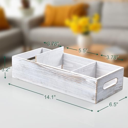 14 Inch Farmhouse White Bathroom Basket with Removable Dividers - 3 Comparments Wood Toilet Paper Basket for Back of Toilet Tank Topper - White Storage Organizer for Bathroom Pantry Organization - color: Rustic White
