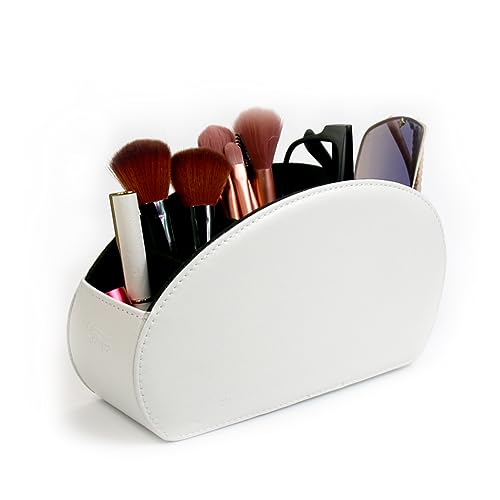 Remote Control Holder Organizer Desk Leather Cases Control Storage TV Remote Control Organizer with 5 Spacious Compartments (White with Metal Bottom) - color: White with Metal Bottom