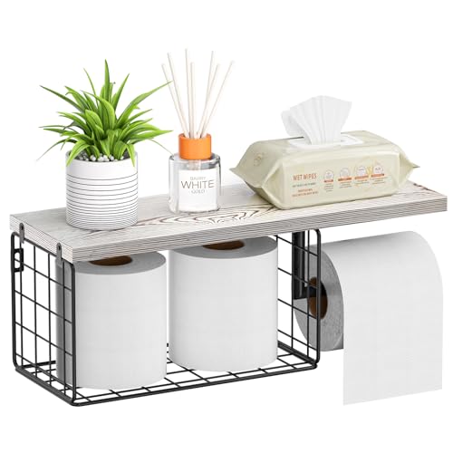 VITVITI Toilet Paper Holder with Shelf, Wall Mounted Toilet Paper Storage Basket, Wood Metal Toilet Roll and Wipes Holder for Bathroom Farmhouse (Vintage White) - color: Vintage White