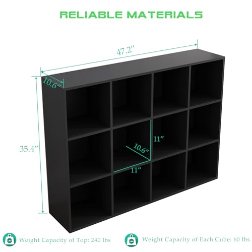 OSCHF 12-Cube Storage Shelf Bookcase - Wooden 3-Tier Floor Standing Open Bookshelf for Home and Office, Display Cabinet, Black - color: Black, size: 12-Cube