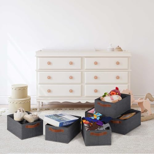 GhvyenntteS Small Fabric Storage Bins 6 Pack, 11.8" x 7.87" x 5.11" Storage Basket with Leather Handles, Closet Storage Bins for Shelves, Storage Baskets for Shelves, DVD Storage (Grey) - color: Gray, size: Small-11.8"x 7.87"x 5.11"-6pcs