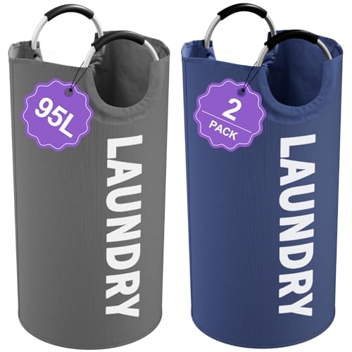 2Pack 95L Big Clothes Hamper for Family, Collapsible Laundry Baskets with Handles, Dirty Clothes Bin Stand Up Well, Toteable Laundry Bag for Bathroom, Travel, Grey/Navy Blue - color: Grey + Navy Blue, size: L-95L