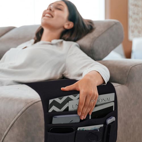 Teniux Remote Control Holder Armchair Caddy for Recliner Couch, Non-Slip Armrest Organizer with 5 Pockets for Magazine, Tablet, Phone, iPad - color: Color A- Black
