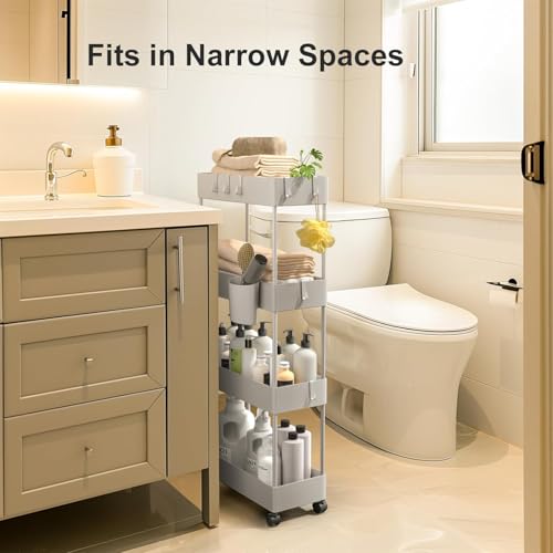 Pipishell Slim Storage Cart with Wheels, 4 Tier Bathroom Storage Organizer Rolling Utility Cart for Bathroom Kitchen Laundry Room Office Narrow Place (Gray) - color: Gray, size: 4-Tier