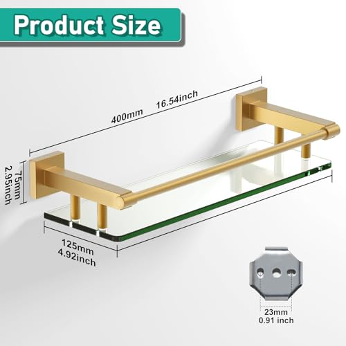 16 Inch Brusheld Gold Bathroom Glass Shelves with Stainless Steel Railing, Tempered Floating Glass Modern Decoration Bathroom Shelf Sink Over Toilet - color: Brushed Gold, size: 16'' with Railing