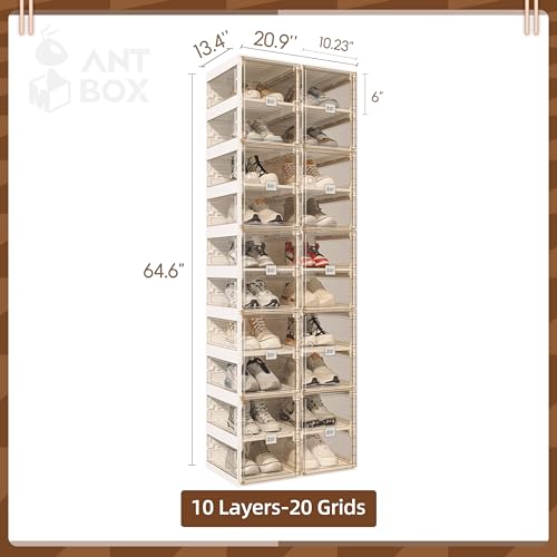 ANTBOX Foldable Shoe Rack,Shoe Organizers for Closet Plastic Shoe Storage Box for Entryway,Living Room,Large Sturdy Stackable Sneaker Cabinet Bins with Magnetic Clear Door 10 Tiers 20 Pairs - color: Brown, size: 10 Tiers 20 Pairs