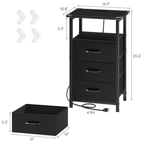 Vagusicc Nightstand with Charging Station, Bedside Table with USB Ports and Outlet, End Table Side Table with 3 Fabric Drawers and Storage Shelf, Bed Side Table Black Night Stand for Bedroom, Black - color: Black, size: 1 Piece, style: Ordinary