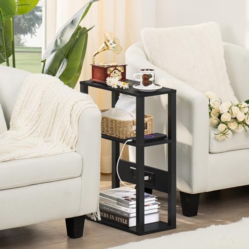 YUFAM 3-Tier Small Narrow Wood Side Table with Charging Station, Skinny Nightstand for Small Space, Slim Bedside Table with Storage for Couch, Thin End Table with USB Ports and Outlets, Black - color: Black, size: 1 Pack
