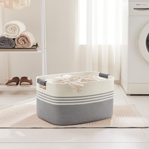 72L Large Laundry Basket with Leather Handles for Living Room Storage, Woven Rope Baskets Bin for Blanket, Kids Toy, Gifts, Wicker Hamper for Bedroom Dirty Clothes, 22"x17"x12" White Grey - color: Grey, size: 72L