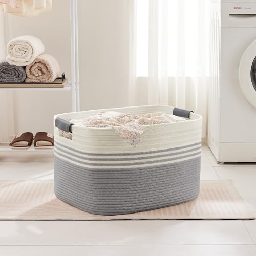86L Extra Large Laundry Basket with Leather Handles for Living Room Storage, Woven Rope Baskets for Blanket, Kids Toy, Gifts, Wicker Hamper for Bedroom Dirty Clothes, 24"x16"x14" White Grey - color: Grey, size: 86L