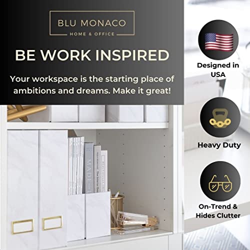 BLU MONACO Set of 4 Magazine Holders | White Marble Design with Gold Label Holders | Foldable File Organizer Boxes for Desk, Office & Classroom | Stylish Paper & Magazine Storage - color: White Gold Marble