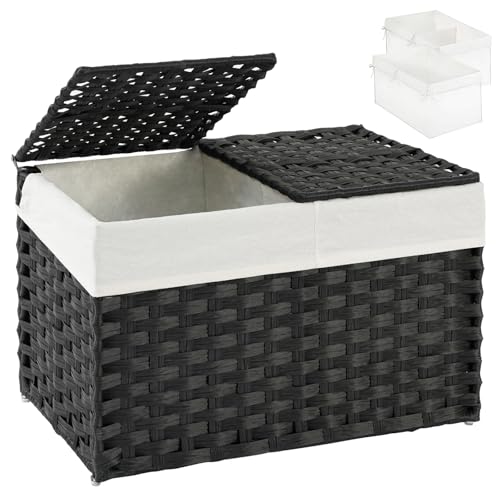 SETVSON Storage Basket with Lid Rattan Woven Storage Baskets with 2 Separate Lids, 17.2 Gallon (65 L), Wicker Storage Bins Foldable, 2 Removable Liner Bags Handles for Bedroom, Laundry Room Black - color: Black, size: 65L-22L*13W*13.8H