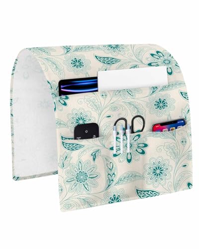 Sofa Armrest Organizer Bedside Caddy, Vintage Turquoise Floral Non Slip Couch Remote Control Holder for Recliner, Rustic Abstract Flower Burlap Arm Chair Caddy with Pocket for Magazine Phone, 13"x35" - color: Turquoise, size: 13x35 in