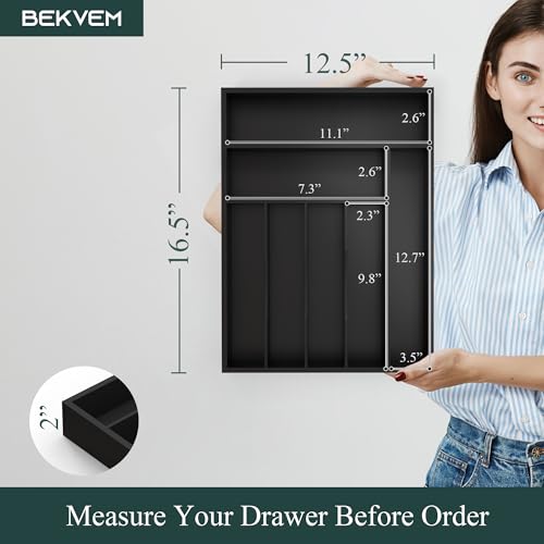 Bamboo Silverware Organizer, Kitchen Drawer Organizer, Utensil Holder, Cutlery Tray & Spoon Flatware Storage with Grooved Drawer Dividers (Black, 12.5''W x 16.5''D) - color: Black, size: 12.5''W x 16.5''D