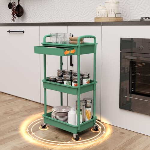 REBECAT 3 Tier Rolling Utility Cart with Drawer,Rolling Storage Cart,Storage Cart for Kitchen,Bathroom,Living Room, Organizer with Iron Wheels(Green) - color: Green