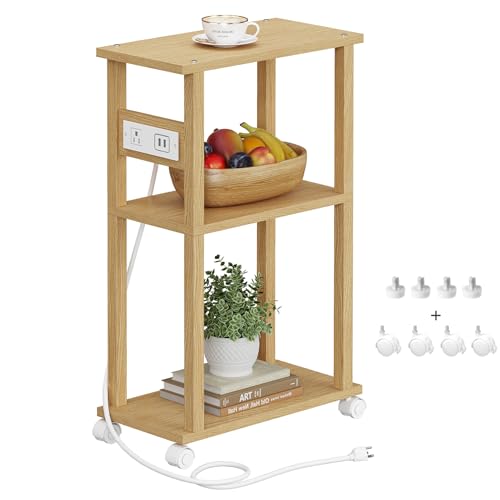 TUTOTAK Small Narrow Side Table with Charging Station, Skinny End Table for Small Spaces, Slim Nightstand with USB Ports and Outlet, Sofa Beside Table with Wheels, Natural TB01BN046 - color: Natural, size: 1 PC, style: With Plug