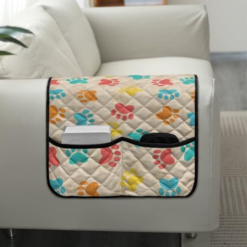 Colorful Dog Paw Print Sofa Armrest Slipcovers Arm Covers for Recliner Anti-Scratch Couch Arm Protector Control Holder Sofa Armrest Organizer for Magazine, Tablet, Phone, iPad - color: Colorful Dog Paw