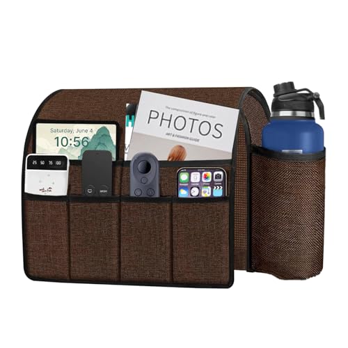 Ntomtuex Sofa Armchair Caddy Remote Control Holder with Water Bottle for Couch Recliner, Armrest Organizer with 7-Pocket Design for Magazines, Eyeglasses, iPad, Phone, Chocolate - color: Chocolate