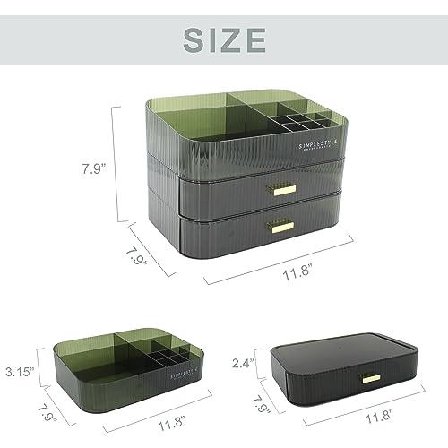 Makeup Organizer with 2 Drawers, Cosmetics Organizer for Bedroom and Bathroom Vanity Countertops, Large Capacity Cosmetic Storage Box for Skincare Cream Perfume Lipstick Dresser Counter-Green - color: Green-1, size: 2 Drawers