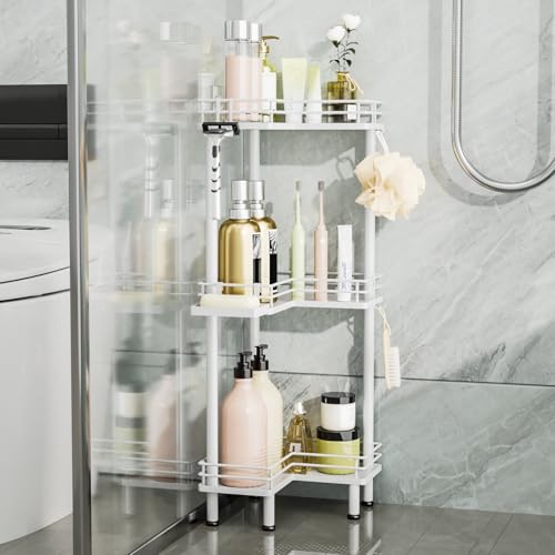Consumest Corner Shower Caddy Standing - 3-Tier Stainless Steel Shower Organizer with Soap Holder and 4 Hooks, Large Capacity Corner Shelf Stand for Bathroom, Rest Room, White - color: White, size: 3 Tier