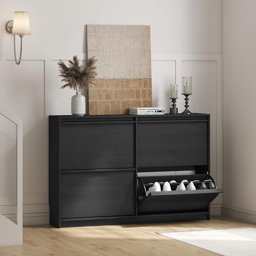 Shoe Storage Cabinet for Entryway with 4 Flip Drawers, Wooden Shoe Organizer Cabinet with Adjustable Shelf, Slim Freestanding Shoe Rack for Entryway, Hallway, Living Room, Black - color: Black