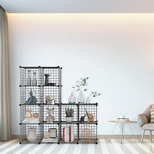 TUMUCUTE Wire Storage Cubes, Metal Storage Shelves Bookshelf, Stackable Modular Closet Organizer for Bedroom Living Room, Office, Black (12 Cubes, Iron) - color: Iron, size: 12 Cubes