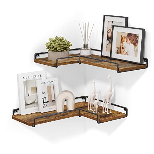 VASAGLE Corner Shelf Wall Mount Set of 2, Floating Shelves, Small Wall Shelf for Decor Storage, for Living Room Bedroom Kitchen Bathroom, Rustic Brown and Black ULLS831B01 - color: Rustic Brown + Black