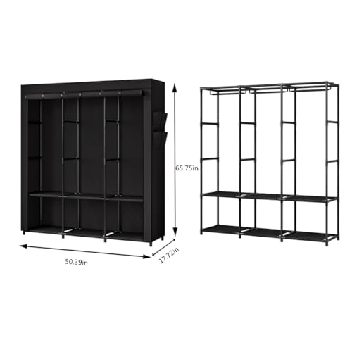 SORCEDAS Portable Closet Wardrobe Storage Organizer Metal Hanging Rack Non-Woven Fabric 50 Inch (Black) - color: Black, size: 50 Inch