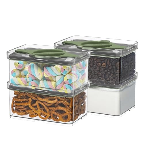 4-Pack Small Pantry Containers, 0.8 QT/0.76 L Clear SAN Food Storage Canisters with Twist-Lock Lids, Stackable for Sugar, Tea Bags, Seasoning, Nuts, Snacks (Green) - color: Green