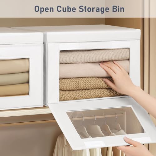 DIMJ Storage Bins with Lids - 5 Pack Large Fabric Closet Organizer with Window & Handles, Collapsible Decorative Storage Boxes for Shelves Under Bed, Books Clothes Blankets Sweaters Organization - color: White, size: Large-5 Pack