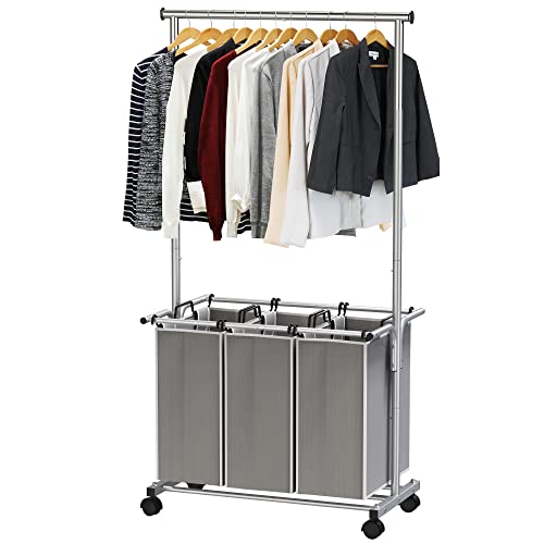 Simple Houseware 3 Bags Laundry Sorter with Extensible Clothes Hanging Rod - color: Silver