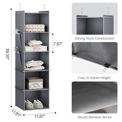 YOUDENOVA Hanging Closet Organizer, 5-Shelf Closet Hanging Storage Shelves, Grey - color: Grey, size: 5-SHELF