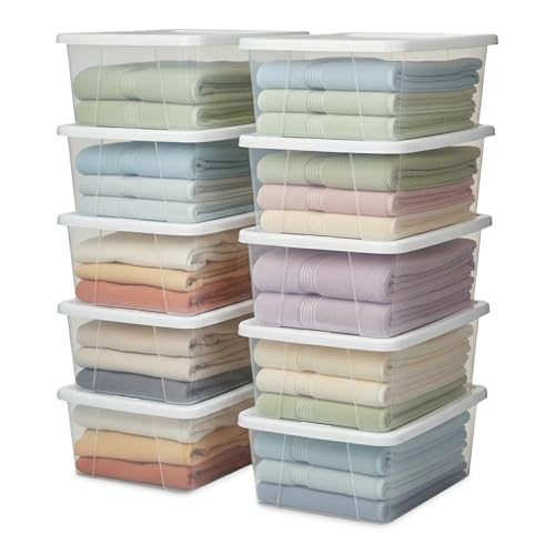 HOMZ 10-Pack Snaplock, Small Clear Plastic Storage Organizer Bins w/ Lids, 6 Quart, White - Stackable Container Boxes for Bedroom, Bathroom, Garage, and Office Organization - color: White Lid, size: 6 QT (10 Pack)